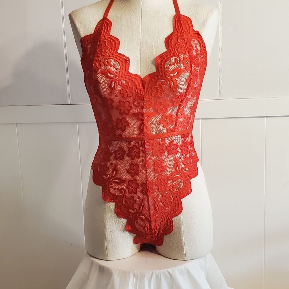 Floral Lace Halter Teddy Bodysuit Red Med